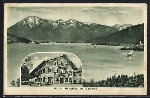 AK Finsterwald am Tegernsee, Panorama mit Bergen, Gasthof Finsterwald