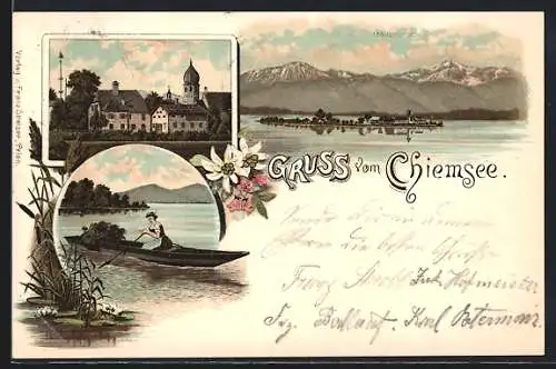 Lithographie Chiemsee, Ortsansicht mit Bergpanorama