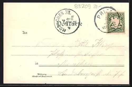 Lithographie Chiemsee, Ortsansicht mit Bergpanorama