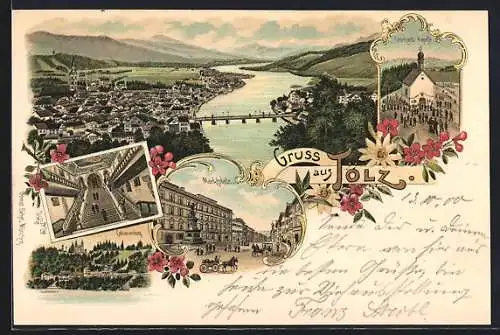 Lithographie Bad Tölz, Totalansicht, Marktplatz, Calvarienberg