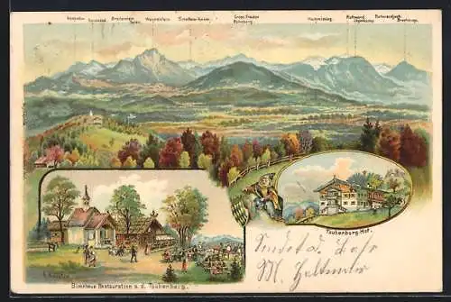 Lithographie Warngau, Gasthaus Taubenberg-Hof, Blockhaus, Gebirgspanorama