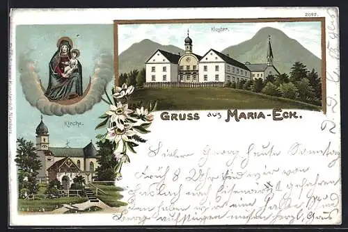 Lithographie Maria-Eck, Kloster, Kirche, Maria mit dem Kinde
