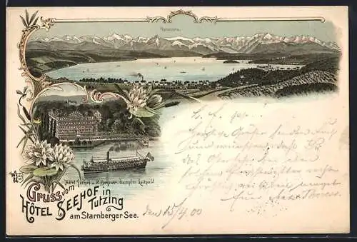 Lithographie Tutzing am Starnberger See, Hotel Seehof am Starnberger See, Panorama