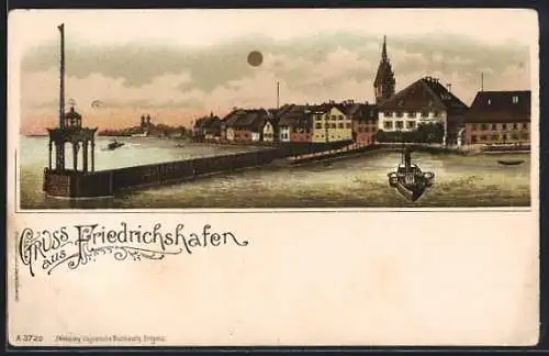 Lithographie Friedrichshafen, Blick auf den Hafen mit Booten