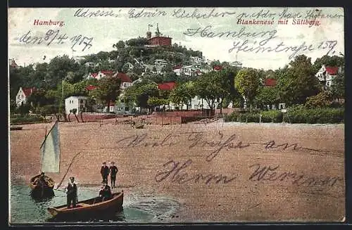 AK Hamburg-Blankenese, Ortsansicht mit Süllberg, Boote am Strand