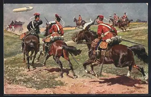 Künstler-AK Anton Hoffmann - München: Kavallerie mit Zeppelin