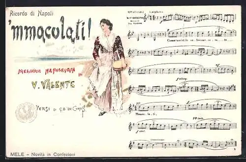 Lithographie Neapel / Napoli, Lied `mmaculati! hübsche Frau mit Taburin