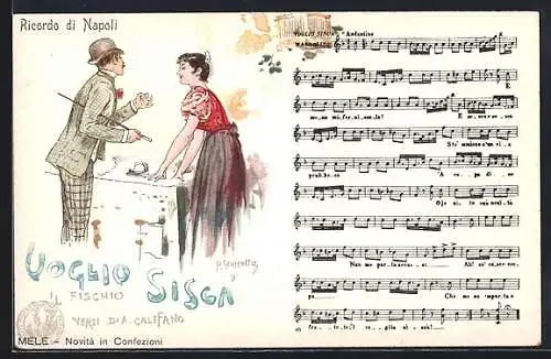 Künstler-AK sign. Scoppetta: Neapel / Napoli, Lied: Voglio Sisca, Liebespaar, Bügeleisen