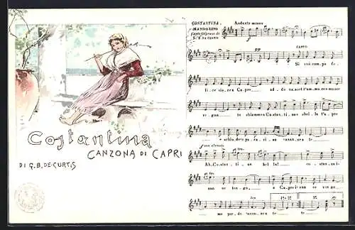 AK Neapel, Junge Dame an einer Ballustrade, Noten und Text zu Costantina - Canzona di Capri v. G. B. De Curtis