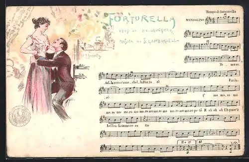 Lithographie Fortorella, Liebespaar und italienisches Lied, Text und Noten