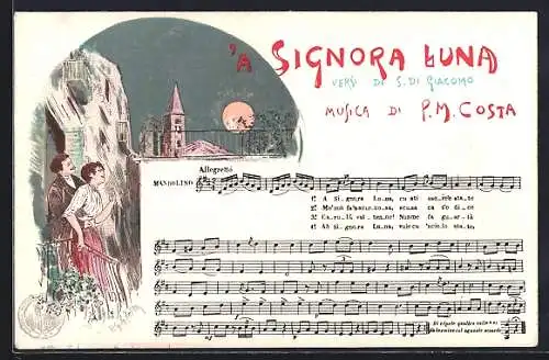 Lithographie Neapel / Napoli, Lied `a Signora Luna, Paar auf dem Balkon