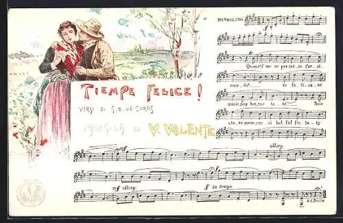 AK Neapel / Napoli, Lied: Tiempe Felice!, Liebespaar in Tracht küsst sich