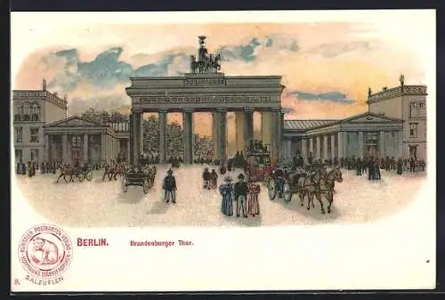 Lithographie Berlin, Partie am Brandenburger Tor, Reklame für Hoffmann`s Stärkefabriken Salzuflen
