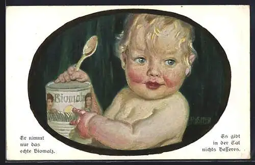Künstler-AK Er nimmt nur das echte Biomalz, Baby mit Kräftigungsmittel, Reklamekarte