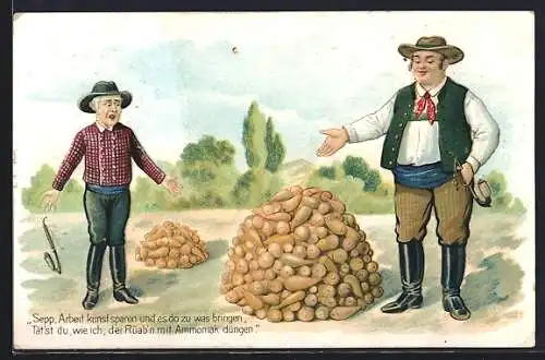AK Reklame für Ammoniak-Dünger, Bauern vergleichen ihre Rübenernte