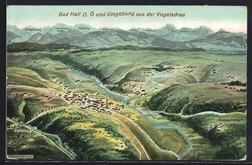 Künstler-AK Eugen Felle: Bad Hall /O. Ö., Totalansicht mit Umgebung aus der Vogelschau