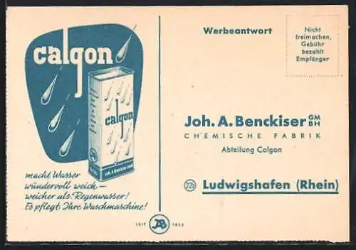 AK Ludwigshafen /Rhein, Reklame für Waschmaschinen-Reiniger Calgon der Joh. A. Benckiser GmbH