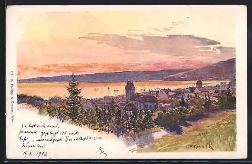Künstler-AK Franz Kopallik: Bregenz, Stadtpanorama im Abendrot