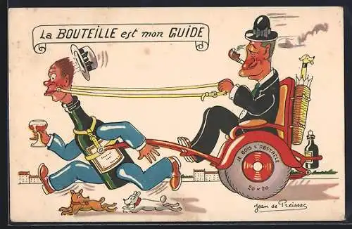 Künstler-AK Jean de Preissac: La Bouteille est mon Guide, vermenschlichte Flasche zieht eine Rikscha