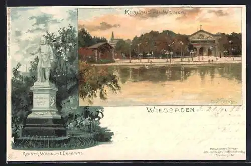 Künstler-AK Carl Münch: Wiesbaden, Kurhaus mit Weiher, Denkmal Kaiser Wilhelm I.