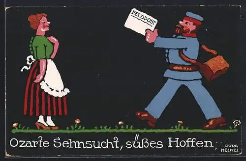 Künstler-AK Dora Heckel: Postbote überbringt Frau einen Feldpostbrief