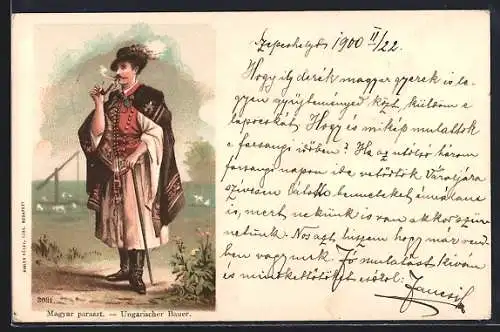 Lithographie Ungarischer Bauer in Tracht mit einer Pfeife