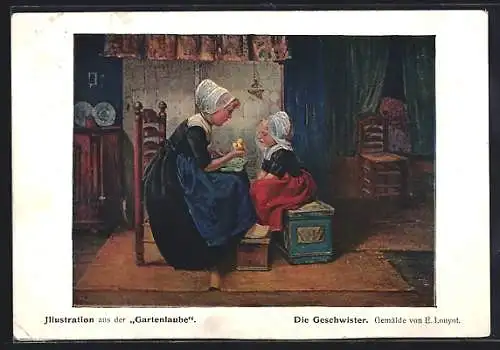 Künstler-AK Mädchen mit der kleinen Schwester in der Küche, Illustration aus der Zeitung Die Gartenlaube