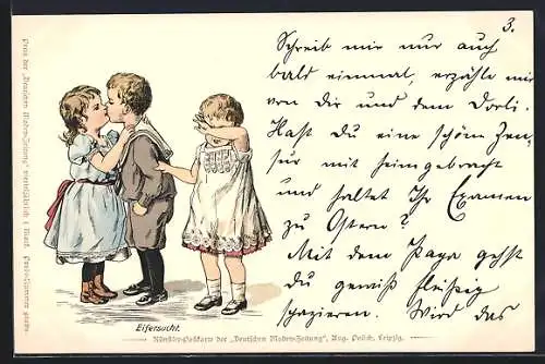 AK Mädchen und Junge küssen sich, ein zweites Mädchen ist neidisch, Illustration der Deutschen Moden-Zeitung
