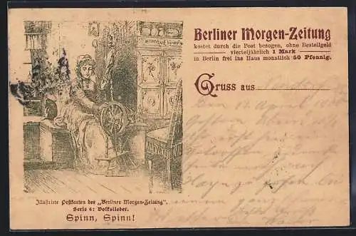 AK Junge Frau beim Spinnen, Illustration der Berliner Morgen-Zeitung