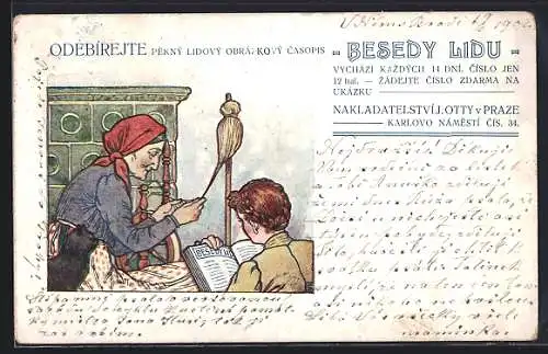 AK Alte Frau beim Spinnen, die Tochter liest die Zeitung Besedy Lidu