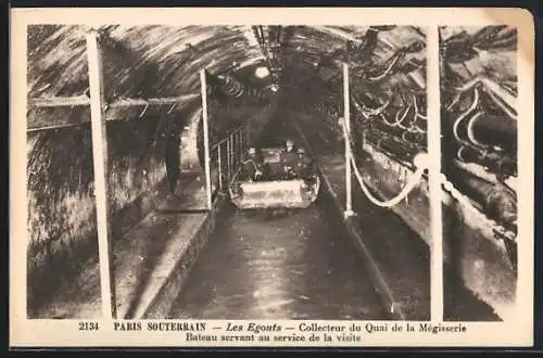 AK Paris, Les Egouts, Collecteur du Quai de la Mégisserie, Bateau servant au service de la visite