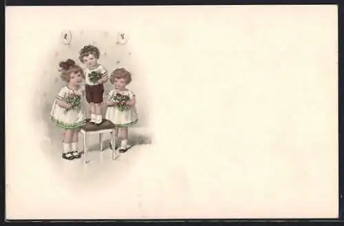 Künstler-AK Kränzle: Zwei Mädchen und der kleine Bruder mit Blumen