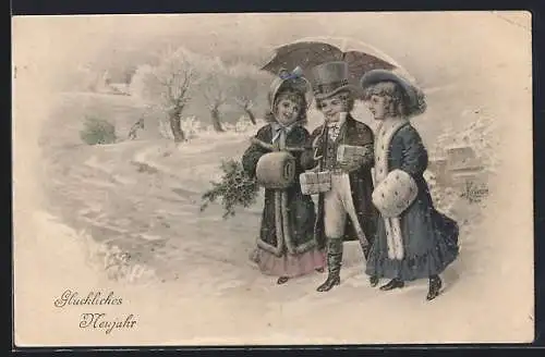 Künstler-AK Kränzle: Ein Herr und zwei Damen im Winter mit Geschenken, Neujahrskarte