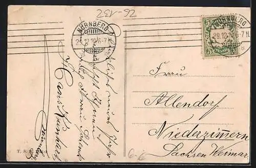 Künstler-AK Kränzle: Ein Herr und zwei Damen im Winter mit Geschenken, Neujahrskarte