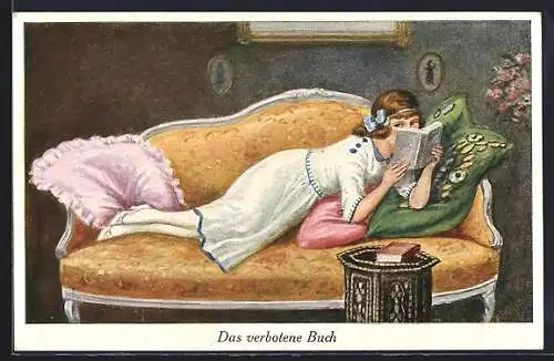 AK Mädchen auf dem Sofa das verbotene Buch lesend