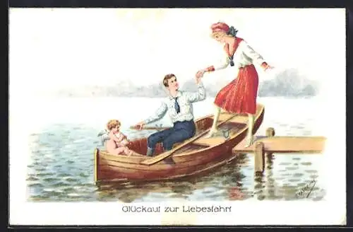 Künstler-AK Friedrich Kaskeline: Junger Mann hilft seiner Liebsten an Bord, Amor sitzt auch im Boot