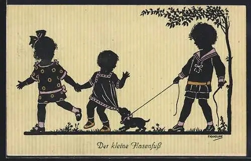 Künstler-AK Friedrich Kaskeline: Knabe ist mit seinem Welpen Gassi, der Hund beisst das Kleid eines Mädchens