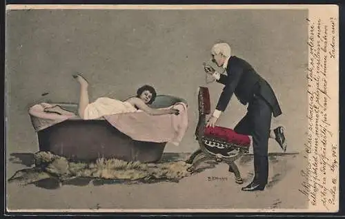 Künstler-AK E. Ernst: Frau in der Badewanne, ein älterer Herr schaut zu