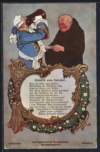Künstler-AK München, Paulanerbräu Salvatorbrauerei, Mönch und Adeliger mit Bierkrug