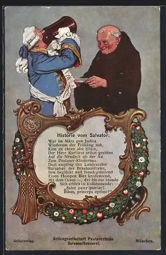 AK München, Paulanerbräu AG, Salvatorbrauerei, Historie vom Salvator, Mönch & Edelmann mit Bierkrug