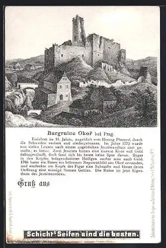 AK Prag, Burgruine Okor, Reklame für Schichts Seifen