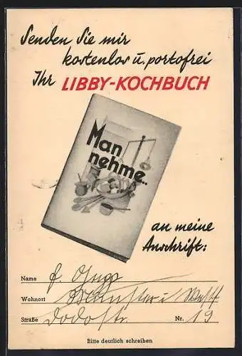 AK Bestellkarte für ein Libby-Kochbuch