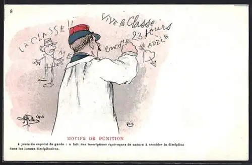Künstler-AK Albert Guillaume: 4 jours du caporal de garde, Soldat schreibt auf Wand