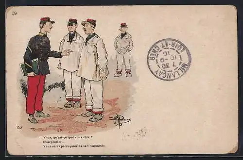 Künstler-AK Albert Guillaume: Vous, qu`est-ce que vous ètes?, Drei Soldaten mit Kommandant