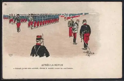 Künstler-AK Albert Guillaume: Après La Revue, Soldaten-Aufmarsch mit Colonel