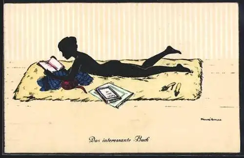 Künstler-AK Manni Grosze: Nackte Dame bäuchlings beim Lesen, Schattenbild