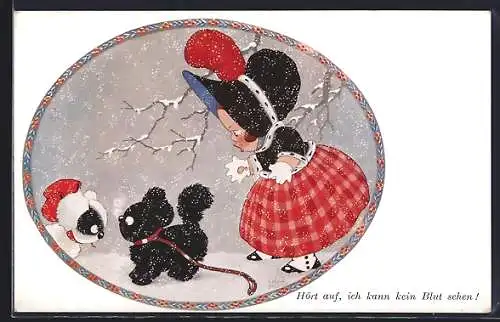 Künstler-AK Chloe Preston: Hört auf, ich kann kein Blut sehen, Mädchen mit zwei Hunden