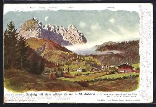 Künstler-AK F.A.C.M. Reisch: Gasteig b. St. Johann, Panorama mit dem wilden Kaiser, Gamsflucht, Lercheck und Feldberg