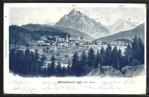Künstler-AK F.A.C.M. Reisch: Igls /Tirol, Blick auf den Ort mit Bergen