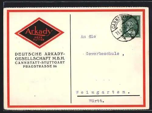 AK Cannstatt-Stuttgart, Reklame für Arkady Hefe Futter, Deutsche Arkady-Gesellschaft M. B. H., Pragstrasse 56